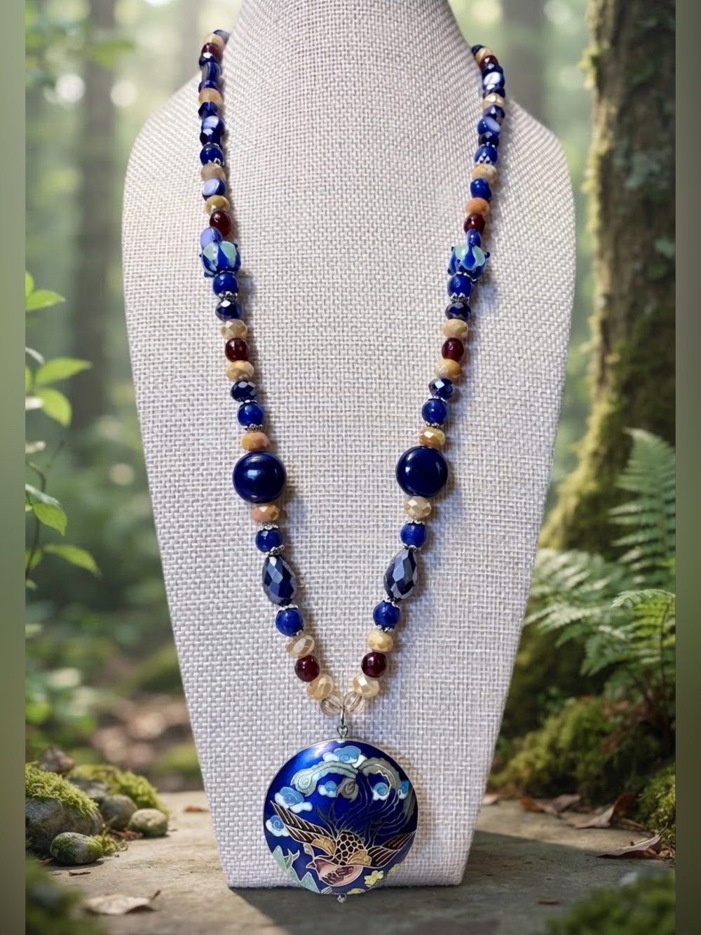 Artisan Jewelry: Blue Cloisonné Pendant Necklace; Lapis, Garnet, Lampwork Glass